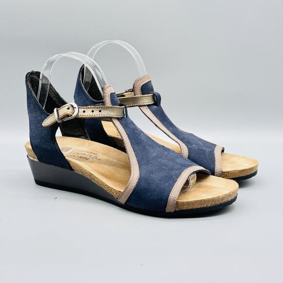 Naot Sandals Womens 9 Blue Leather Fiona Wedge Slingback T Strap Adjustable Cork - Picture 2 of 10